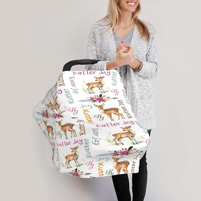 Personalized Deer Baby Car Seat Cover with Name,Multi-Use Canopy for Nursing, Strollers,Shopping Carts,Customized Breastfeeding Cover, Full Privacy,Infant Stroller Cover