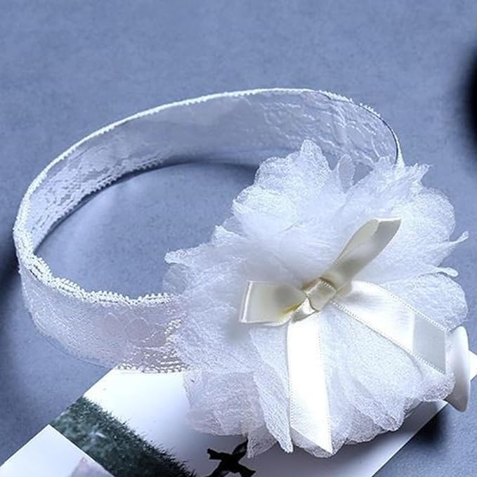 Baby Girls Hairband White Bow Lace Headbands Handmade Soft Stretchy Wide Head Band Newborn Hairbands with Bows Pearls Elastic Headband for Infant Hair Accessories（Ribbon Big Flower）