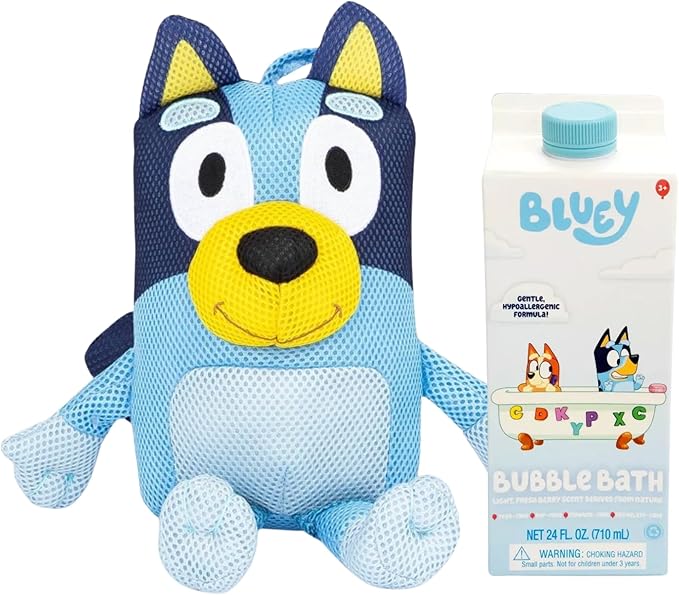Jay Franco Bluey Bath Buddy with Fresh Berry Scented Bubble Bath Set, 24 fl oz
