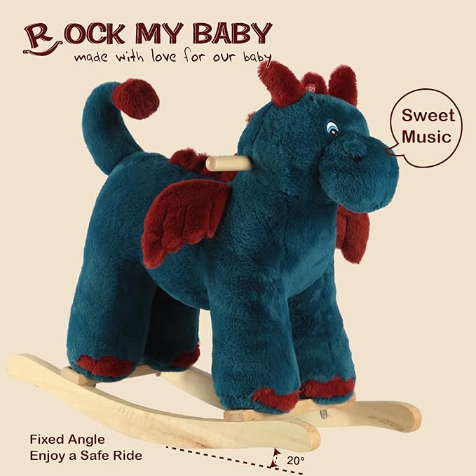 Rocking Horse Dragon, Baby Animal Rocker, Plush Rocking Horse with Sweet Music, Ride on Horse,Wooden Rocking Horse for Toddlers 18+ Months, (Blue Dragon), CPC Certified