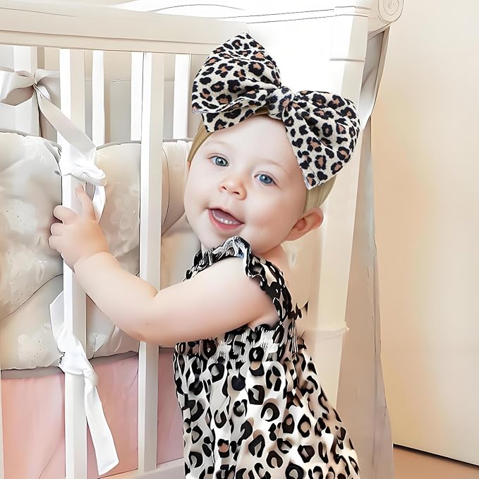 3 Pcs Baby Girl Bows Leopard Print Headbands for Girls 6’’ Brown Bow Toddler Hair Accessories Newborn Infant Baby Hair Wrap