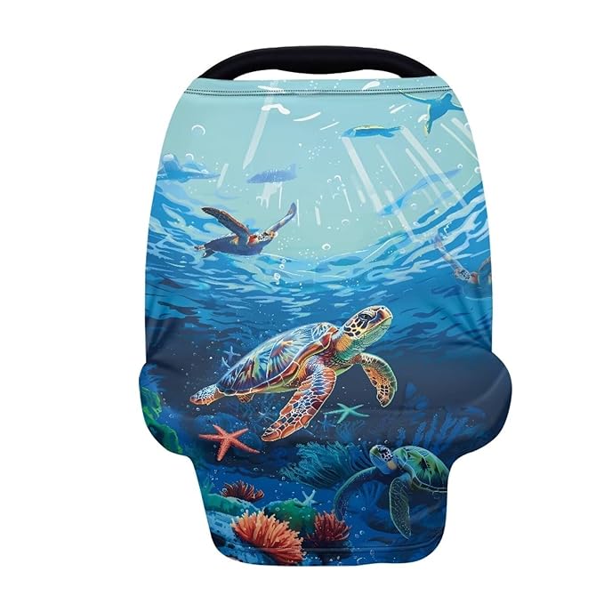 Forchrinse Underwater Sea Turtle Baby Car Seat Cover,Stretchy Infant Carseat Canopy Soft Nursing Cover Breastfeeding Scarf Multi-use Stroller Cover High Chair Cover