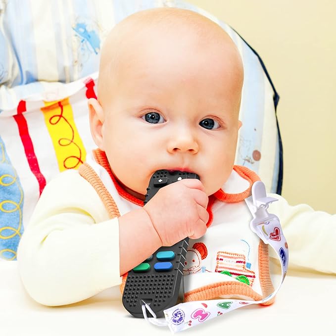 Kaodezhu TV Remote Control Shape Baby Teething Toys and Phone Shape Teether Toys for Babies 6-12 Months, Soft Flexible Silicone Chew Toys for Baby - Black