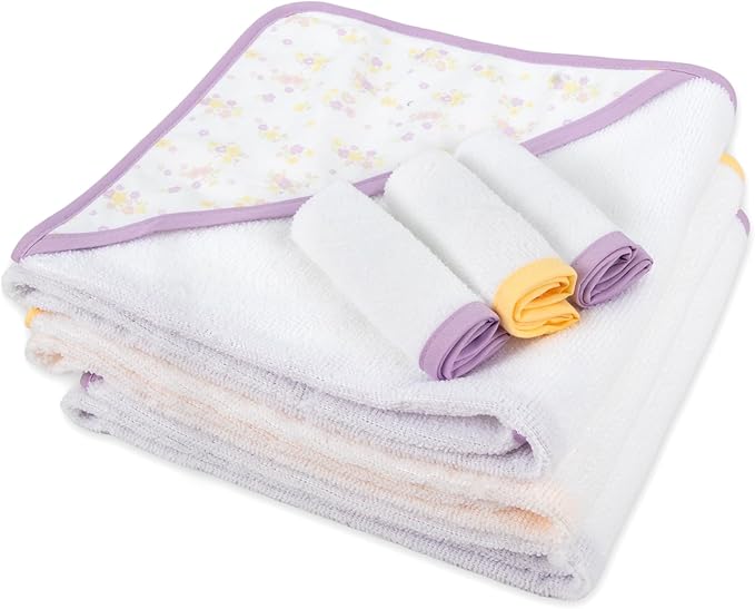 Jessica Simpson Baby 6-Piece Hooded Towel & Washcloth Set – Soft Polyester Baby Bath Towels – Butterfly & Lavender Floral Prints