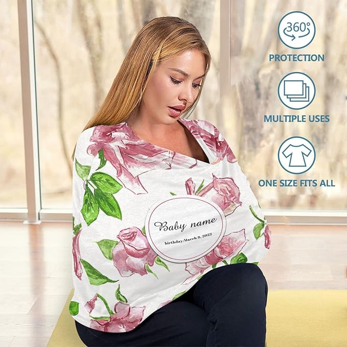 Personalized Baby Car Seat Cover for Babies, Custom Name Baby Car Seats Canopy for Girls, Nursing Breastfeeding Stroller Covers for Infant Newborn, Shower Gift (Rose Flower)