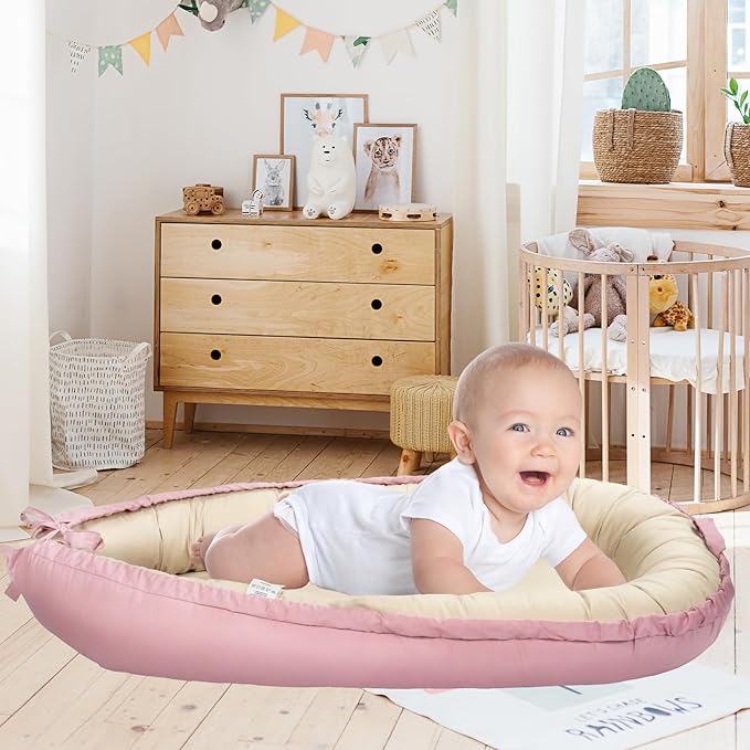 Infant Lounger, Portable Infant Beds, 100% Cotton, Breathable & Reversible, Baby Lounger for Newborn, Adjustable Baby Floor Seat for Tummy Time, Essentials for Newborns (Pink)