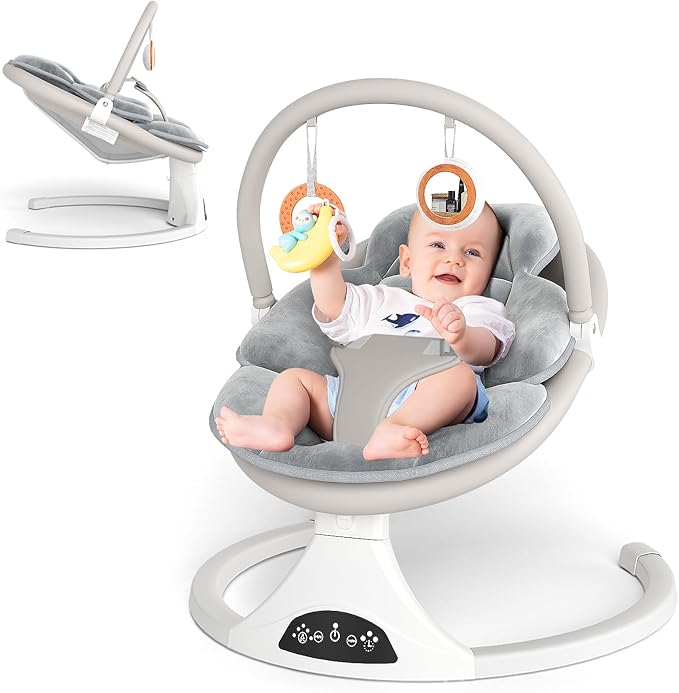 Electric Baby Swing with Remote Control - 5 Natural Motion Speeds, Detachable Seat Pad | Portable Infant Swing for Indoor/Outdoor Use (0-6M, 20lbs) (Gray)