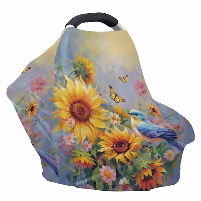 Sunflower Hummingbird Print Car Seat Canopy for Girls,Lovely Soft Nursing Cover Super Soft Washable Breastfeeding Scarf for Family