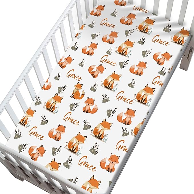 Personalized Cute Fox Pack N Play Sheets Fitted for Standard Pack and Plays, Mini Cribs, Playard,Playpen - Customized Name Mini Cribs Mattress Fitted Sheet for Baby Girls Boys - Soft Breathable