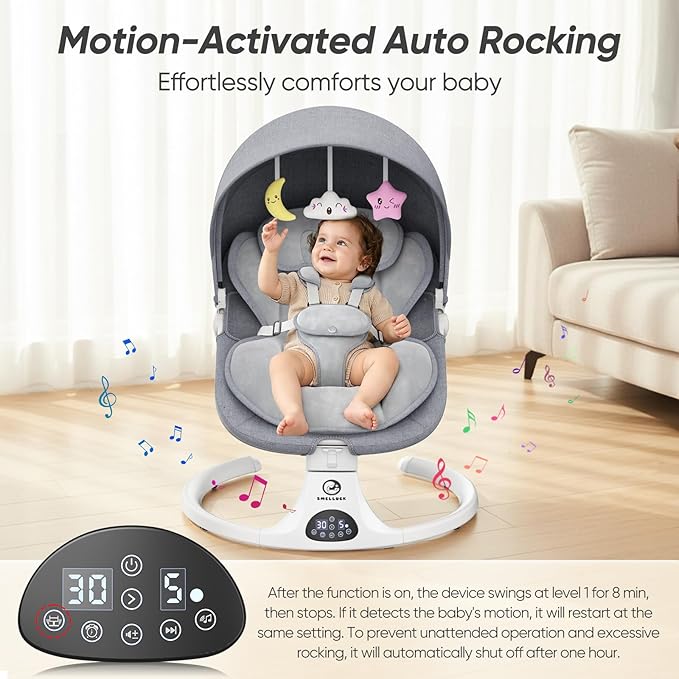 Baby Swings for Infants, Smelluck Electric Baby Swing with Upgraded 3 Adjustable Backrest, 12 Preset Melodies, 5 Speeds, Remote Control and Bluetooth, Portable Infant Swing for Indoor and Outdoor