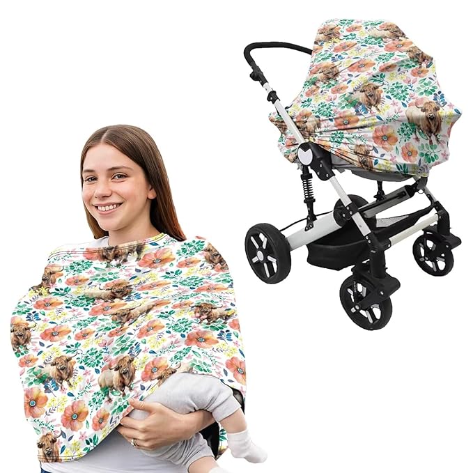 Highland Cattle Carseat Canopy for Babies Flowers Infant Stroller Covers for Boys and Girls Elegant Nursing Pillow Cover Cuddle Pillow Slipcover 2PCS