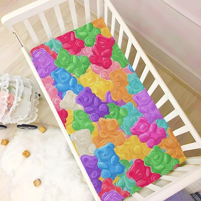 Baby Crib Sheet Colorful Sweet Jelly Bears Crib Mattress for Boys and Girls Gummy Candies Playard Sheet Soft Breathable Fitted Baby Mattress Cover 52x28in