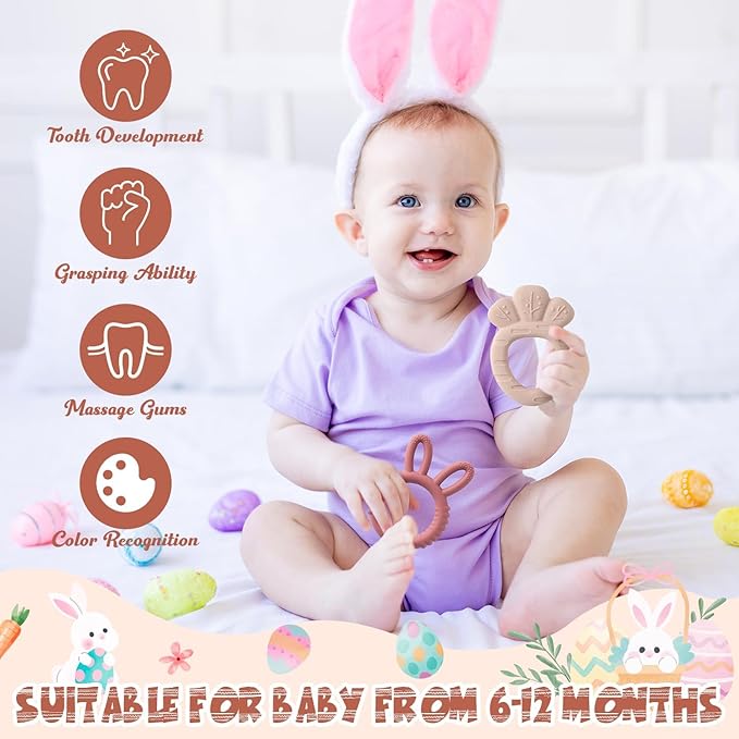 Easter Silicone Teethers for Babies - 2ooya 2Pcs Bunny Chick Carrot Infant Teething Chew Toys, Toddler Sore Gums Pain Relief Toy for Newborn Boy and Girl Spring Easter Baby Shower Birthday Gifts