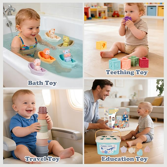 Montessori Baby Toys for Infants 6-18 Months, Shape Sorter for Toddler 6–12 Months, Sorting Stacking Toy for Fine Motor Skills, Sensory Learning Set with Stacking Rings for Babies Birthday Gift（Blue）