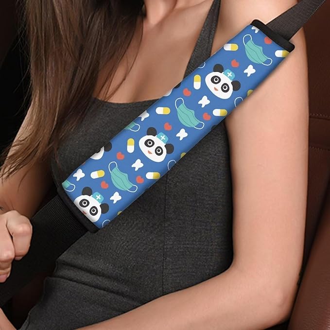 Panda Car Seat Strap Pads Blue Shoulder Strap 4 Pieces Seat Belt Cushion Universal Seatbelt Covers for Adult Women Breathable Soft Seat Strap Pads Vehicle Accessories Decor