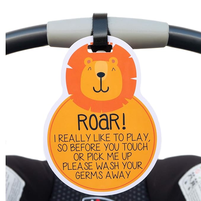 (Three Little Tots) Lion Tags TWO PACK- Baby Safety No Touching Car Seat Sign, Stroller Sign, Newborn Car Seat Tag, Baby Preemie No Touching Car Seat Sign- CPSIA Safety Tested (Lion)