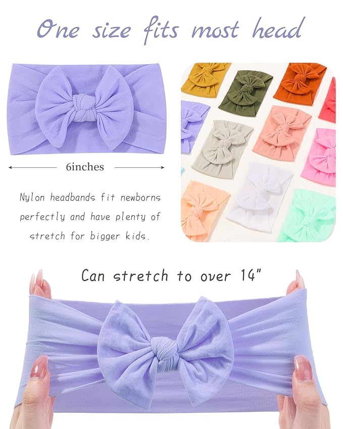 jollybows 20pcs Baby Girls Nylon Headbands Turban Hair Bows Hair Band Elastic Hair Accessories for Kids Toddlers Infants Newborn