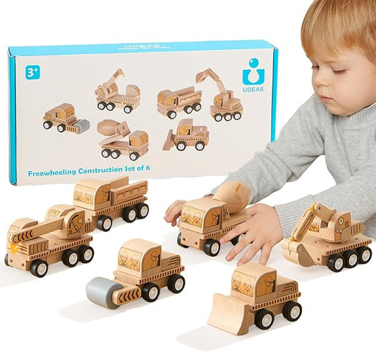 6-Piece Wooden Construction Vehicle Toys Set with Bulldozer, Excavator, Crane, Dump Truck – Montessori Toddler Toys Ages 2-4, All-Natural Safe Push & Go Gift for Boys & Girls
