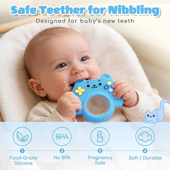 Silicone Baby Teething Toys for 0-6-12 Months, Kitten Remote Rattle Teether for Infant Gum Relief, No BPA Chew Toy for Infant 0-3-6-9-12, Easy-Grip Ring Gift for Travel & Bath