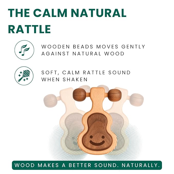 HippoToys Handcrafted Wooden Baby Rattle | Natural Teething Toy | Montessori Sensory Developmental Toy | Non-Toxic Organic Baby Toy | Newborn Infant Baby Boy Girl Gift 0-12 Months