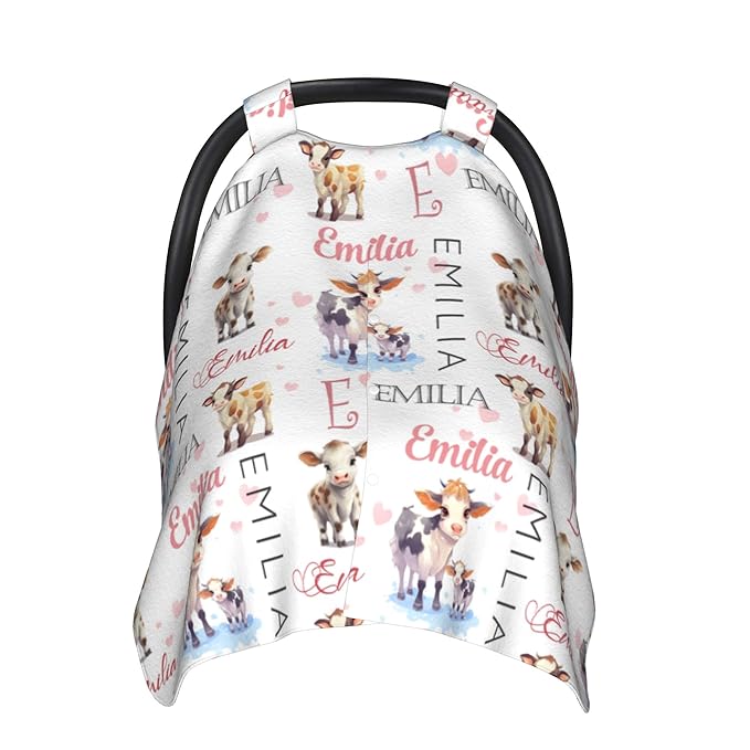 Custom Baby Car Seat Canopy Personalized Car Seat Covers with Name for Baby Boys Girls Customized Cow Nursing Breastfeeding Cover Infant Carseat Canopies Newborn Minky Baby Blanket