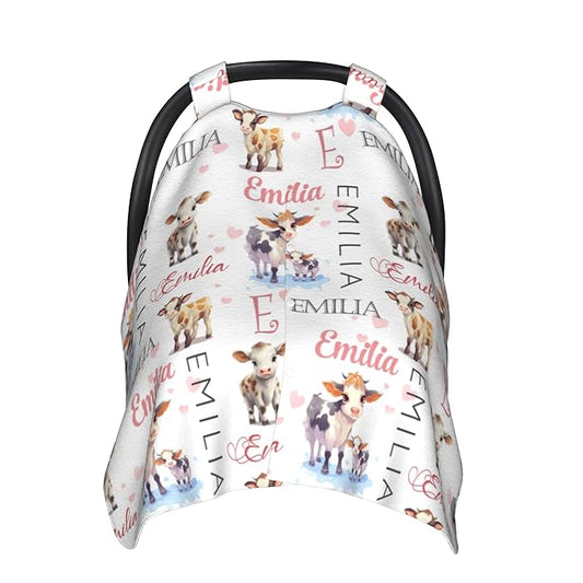 Custom Baby Car Seat Canopy Personalized Car Seat Covers with Name for Baby Boys Girls Customized Cow Nursing Breastfeeding Cover Infant Carseat Canopies Newborn Minky Baby Blanket