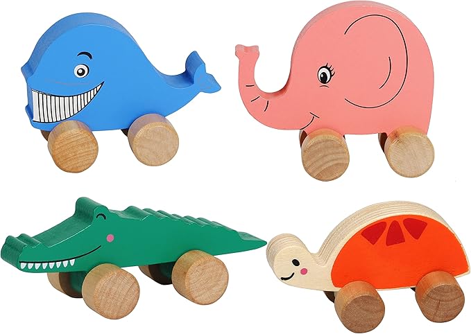 TOWO Wooden Cars for Toddlers - Animals on Wheels - Vehicles Sensory Grasping Motor Skill Toy –Push and Go First Trucks for Baby 12 Months 1 Year Old