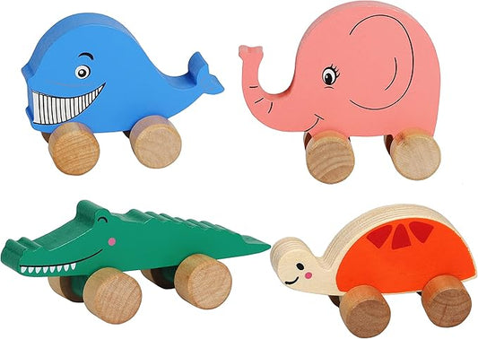 TOWO Wooden Cars for Toddlers - Animals on Wheels - Vehicles Sensory Grasping Motor Skill Toy –Push and Go First Trucks for Baby 12 Months 1 Year Old