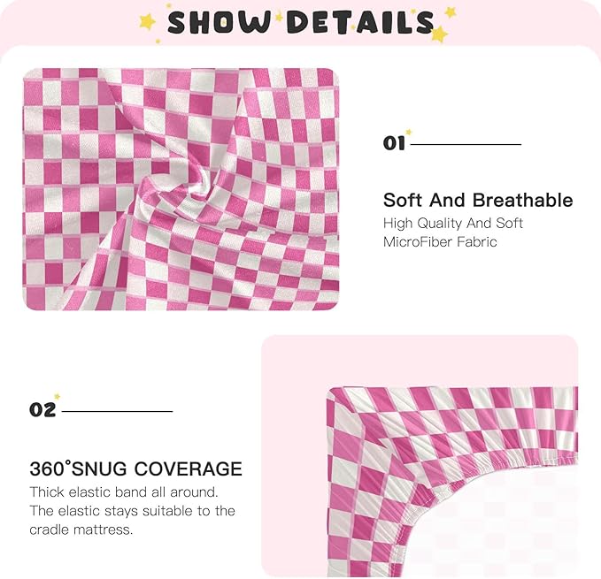 Pink Checkered Fitted Crib Sheets Stretchy Portable Playard Sheets for Baby Toddler, Breathable Soft Mini Crib Mattress 52 x 28 in for Boys and Girls