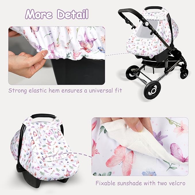Baby Car Seat Cover, Pea Pod Universal Infant Car Seat Cover with Sunshade & Mesh Windows - Breathable Minky Lined Canopy Cover for Stroller- Soft Butterfly Carseat cover for Newborns