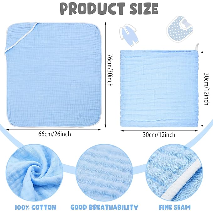 Peryiter 8 Pack Baby Bath Towels and Wash Cloth Set Muslin Hooded Soft 100% Cotton Baby Hooded Bath Towel Absorbent Towels Cloths for Babies, Infant, Toddler and Kids Newborn(Blue Series)