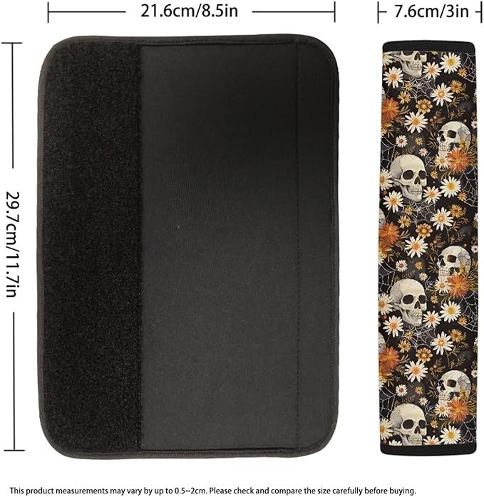 Biyejit Skull Daisy Flower Car Seat Belt Covers Set of 2, Halloween Decor Car Accessories Protector Soft Seatbelt Strap Shoulder Pad for Bags Backpacks