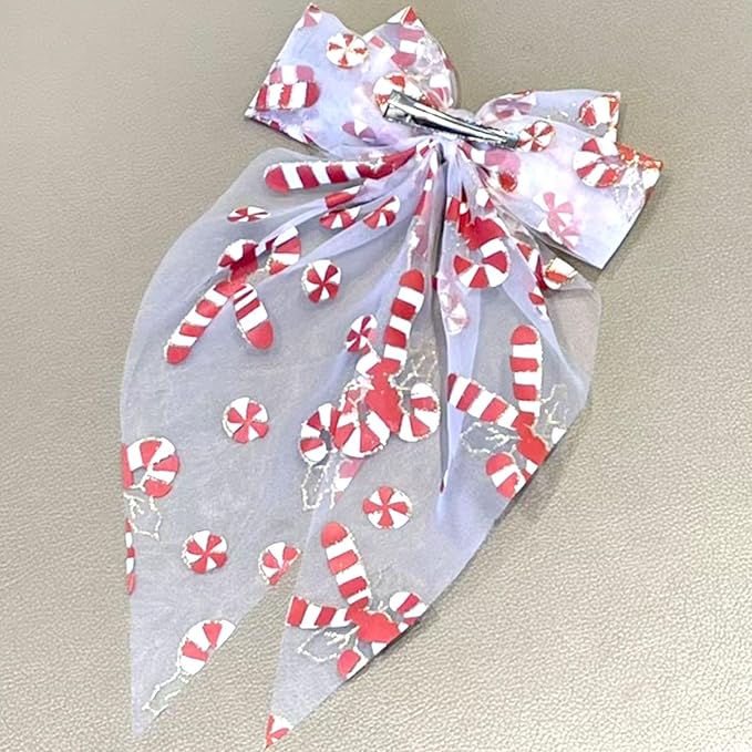 Christmas Bow Hair Clips for Women Girls, Red White Glitter Bow Hairpin, Santa Cane Alligator Clips with Long Tail, Festive Hair Accessories – Xmas Party Wedding Decorations(1 Pack)