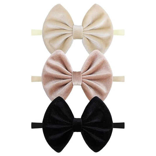 Velvet Baby Bows Headbands Solid Elastic Baby Girl Hair Bows Handmade Newborn Hair Band Bows Infant Toddlers Kids Hair Accessories 3 Pcs Beige Khaki Black