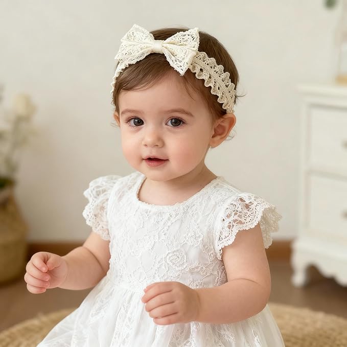 Handmade Baby Girl Headbands in Beige Baby Bows and Floral Lace Headband Bows for Newborns and Toddlers Cute Baby Girl Bows and Newborn Headband Bows