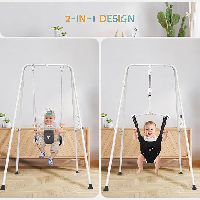 RAGOZONERY 2 in 1 Baby Jumper with Toddler Swing, Baby Jumpers and Bouncers,Indoor Outdoor Toddler Swing Set, Cotton, White