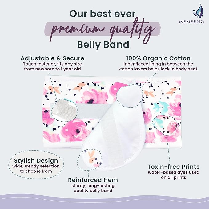 Organic Cotton Baby Belly Band, Wrap, Umbilical Cord Navel Belt, Binder for Infant Colic & Gas Relief, Newborn to 12 Months, by MEMEENO (Bloom)