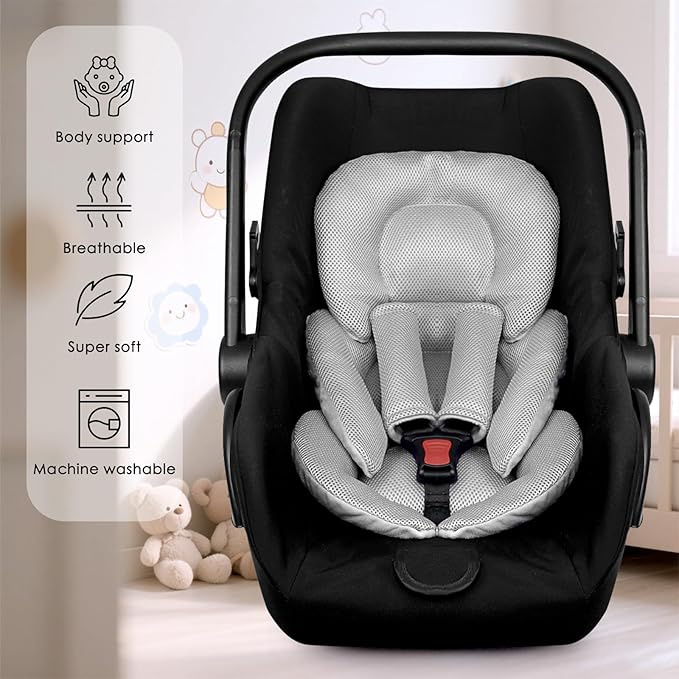Infant Car Seat Insert for Newborn Girls Boys, Summer Mesh Baby Carseat Inserts with Strap Pads, Soft Reversible Baby Car Seat Insert Cushion Pad for Stroller, Bouncer, Swing, High Chair, Gray