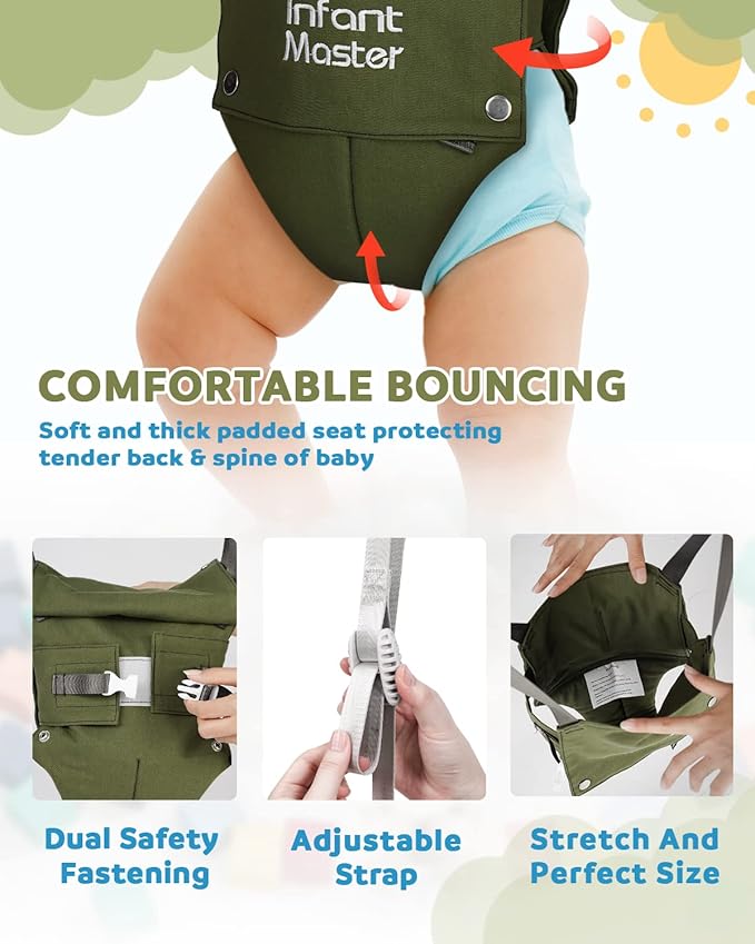Master Baby Doorway Jumper - Sturdy with Adjustable Strap, Soft Johnny Bouncer Seat, Ideal Gift for Infant, Free Installation, Green