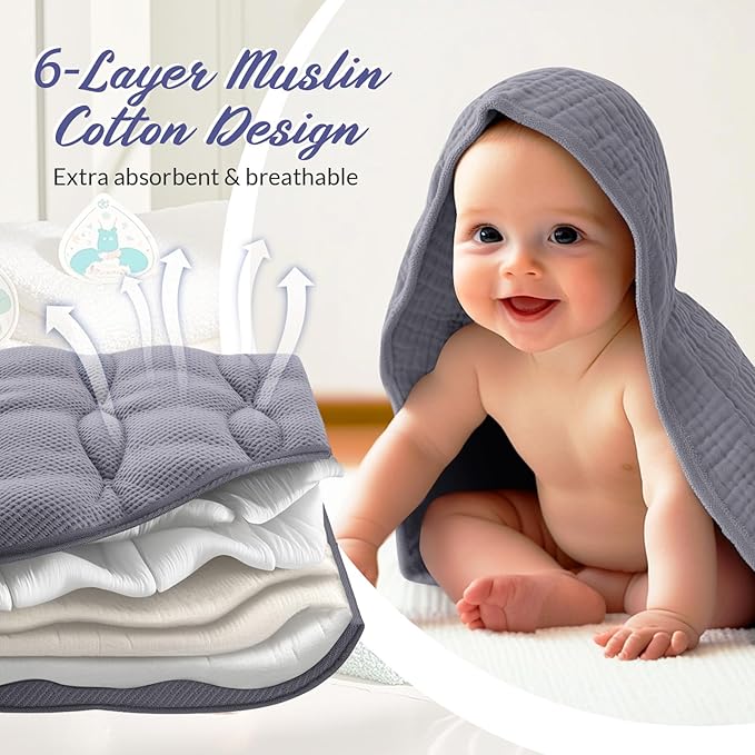 Hahafelt 6 Pcs Muslin Hooded Bath Towels Washcloths and Bibs Set, Muslin Cotton Baby Towels Absorbent Hooded Blanket Towel Infant Bibs for Boys Girls Newborn Infant Essential(Gray, Green)