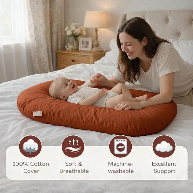 Baby Lounger for Newborn,Baby Nest for Newborn Soft Cotton Breathable for Playtime & Relaxation,Flat Babies Essentials Gifts Newborn Lounger for Boys & Girls 0-12 Months(Coffee)