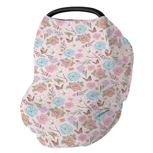 Vintage Wildflowers Baby Car Seat Covers Pink Floral Leaves Mushroom Butterflies Stretchy 5-in-1 Cover Adjustable Car Canopy Breastfeeding Cover Spring Garden Breathable Nursing Cover-Up