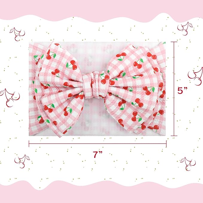 Baby Girl Headbands 7’’ Pink Bows Cherry Baby Girls Hair Accessories Summer Outfits for Newborn Infant Toddler Clothes