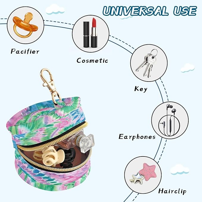 Pacifier Holder with Clip Pacifier Case for Diaper Bag Round Baby Pacifier Pouch Box Bag Portable Tie Dye Blue Green Pink
