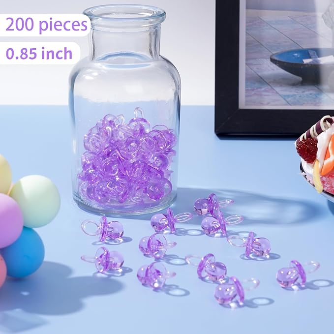 200 Pieces 0.86 Inch Baby Pacifier Baby Shower Plastic Pacifier for Baby Shower Pacifier, Baby Shower Gender Show Party Decoration DIY Birthday Party Gift (Purple)