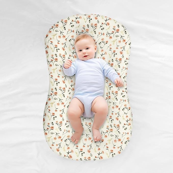 Hooyax Muslin Baby Lounger Cover 2 Pack, Organic Removable Lounger Slipcover for Newborn, Baby Padded Lounger Infant Floor Seat Covers for Boys Girls (Flesh Pink & Floral)