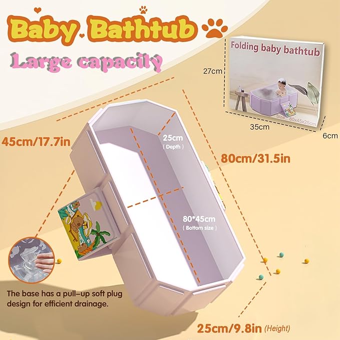 Baby Foldable Children's Bathtub, Portable Non-Slip Shower Tray for Kids, Toddler Bath Tub with Drain Plug, Boys and Girls Bathroom Water Pool, Cat and Dog Pet Wash Shower Basin (Pink)