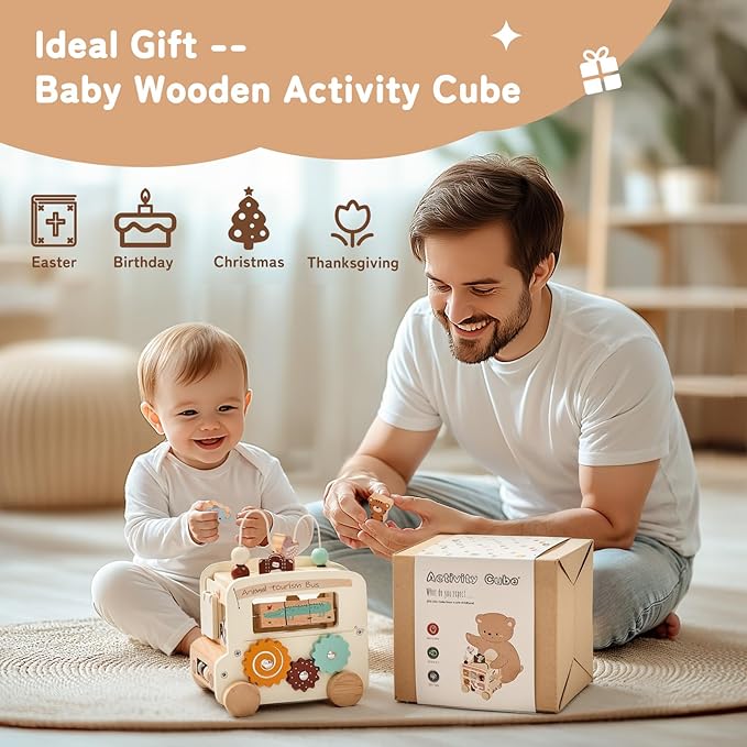 Wooden Activity Cube - 8 in 1 Montessori Toys Boys Girls, Multipurpose Educational Learning Toys for Toddlers Baby Activity Cubes with Animal Tourism Bus Theme
