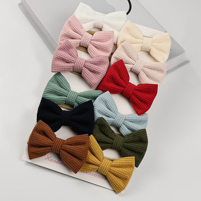 Baby Girl Corduroy Hair Bow Nylon Headband, Solid Color Tiny Bow Hair Bands 12pcs for Newborn Infant Toddlers (corduroy A 12PCS)