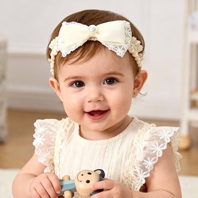 Handmade Baby Girl Headbands in Beige Baby Bows and Floral Lace Headband Bows for Newborns and Toddlers Cute Baby Girl Bows and Newborn Headband Bows